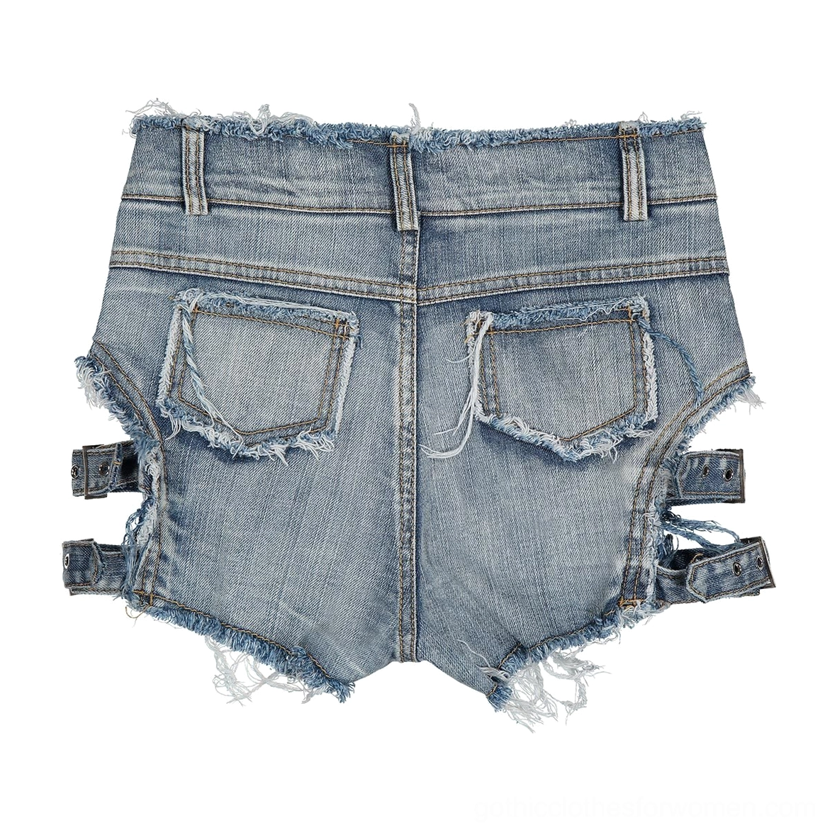 Studio product photography of denim shorts showing front view with buckle straps and button closure