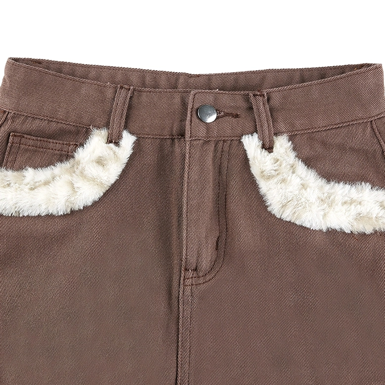 Denim skirt with faux-fur leopard detailing, brown and cream colorway worn view
