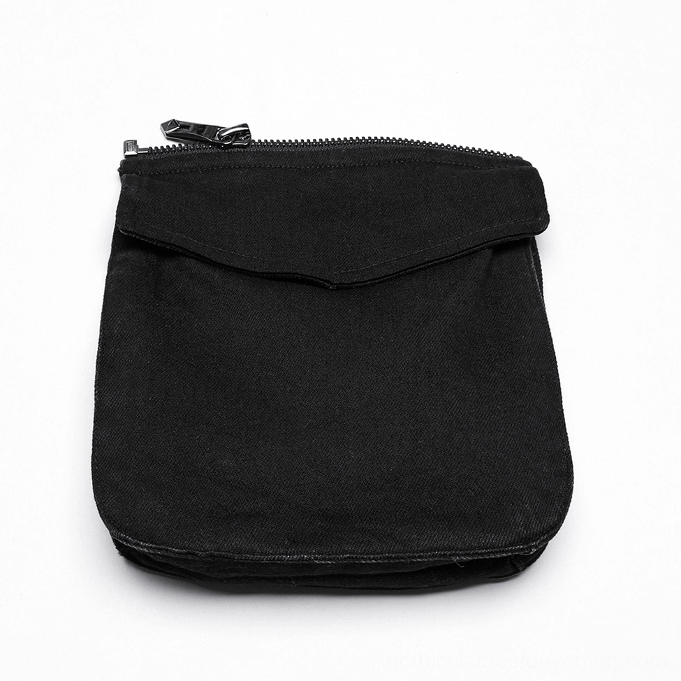 Detachable black canvas side pouch with solid construction, zippered closure, and flap pocket design showcasing functional gothic accessory