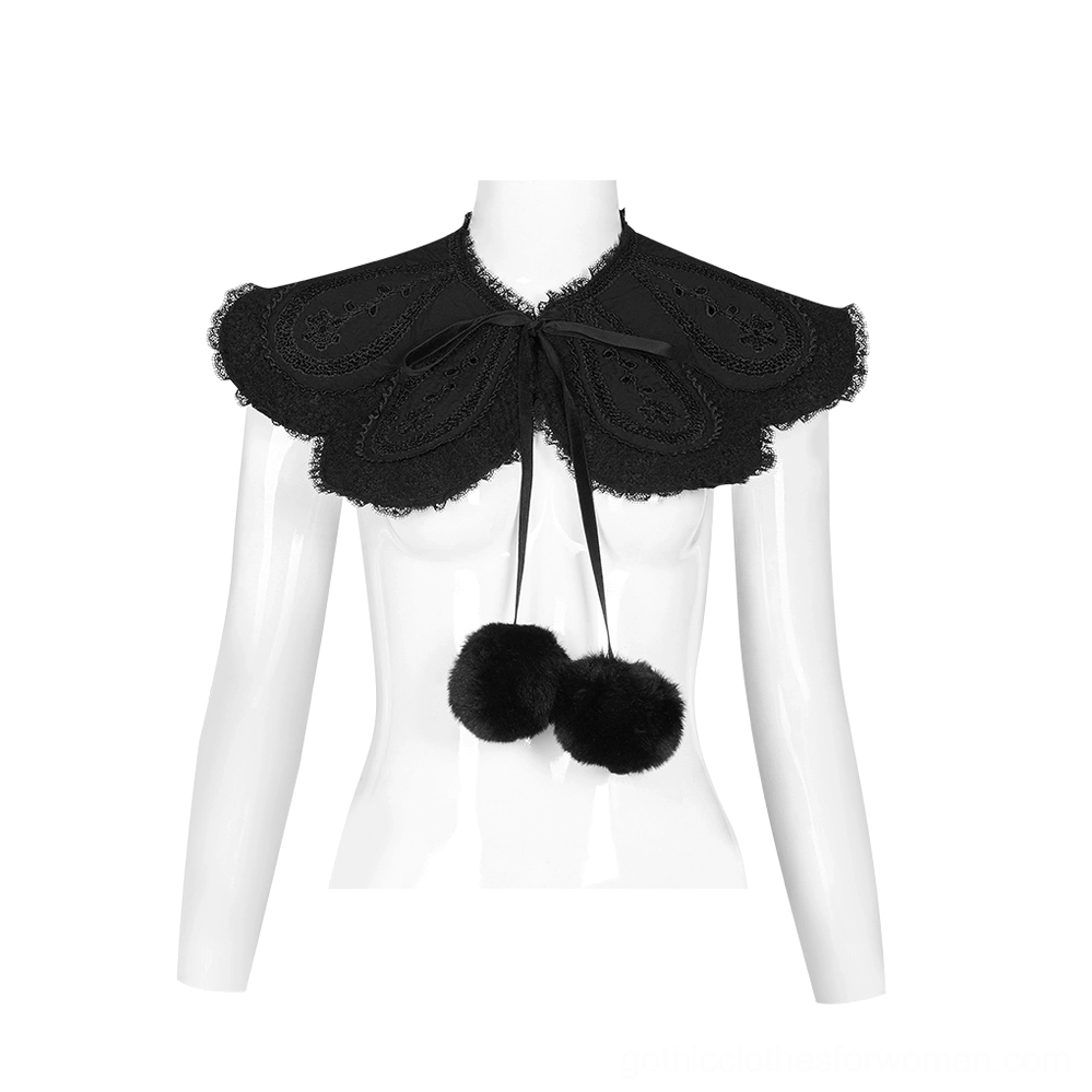 Detachable gothic fur collar on mannequin torso featuring lace Peter Pan collar and bow tie