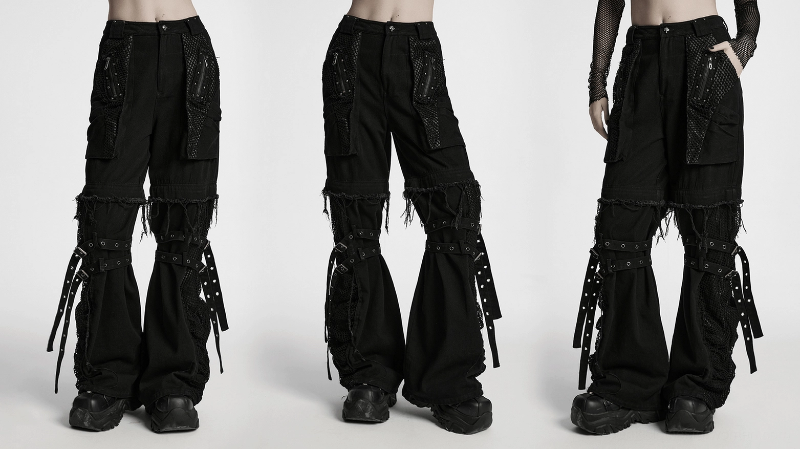 Detachable gothic cargo pants construction showing mesh overlay and strap attachment points