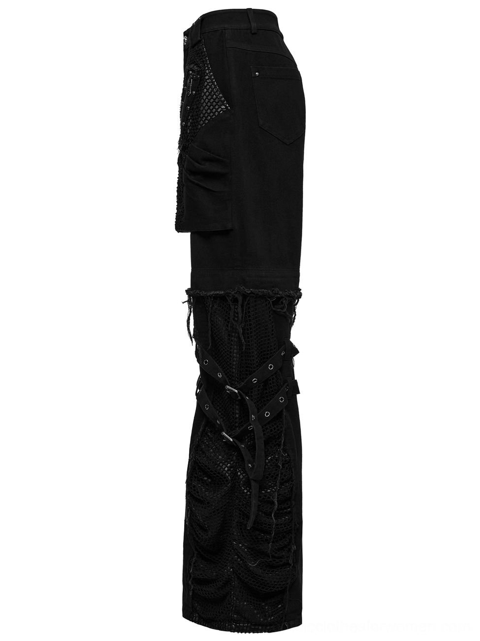 Modular gothic cargo pants with frayed edges and detachable leg covers, rear flat lay