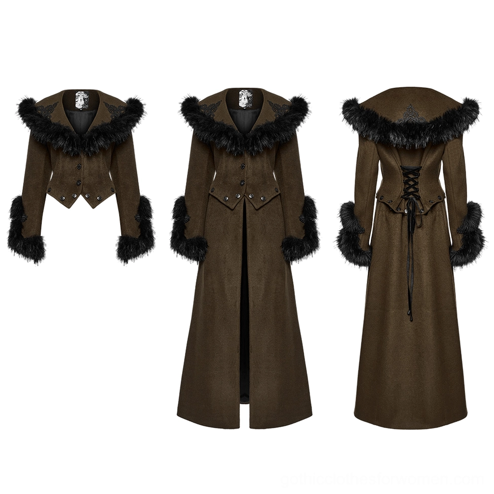 Flat lay product display showing detachable gothic coat pieces - short jacket and long overcoat