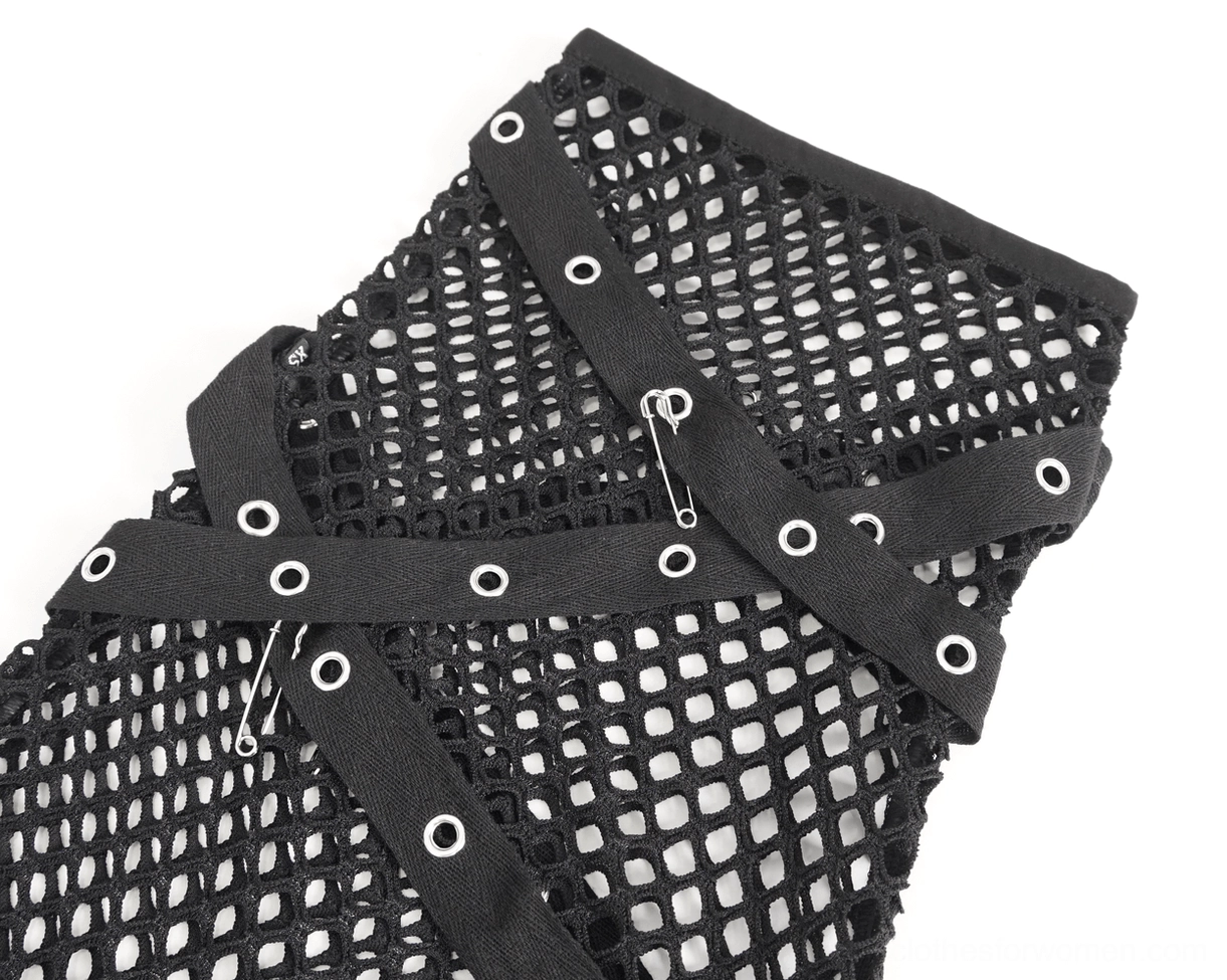 Detachable mesh garter sleeves close-up showing fishnet construction for gothic shorts