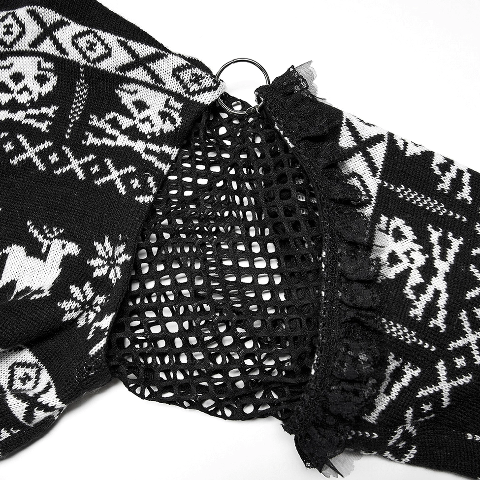 Detachable fishnet sleeve joint with metal ring hardware on gothic skull pullover