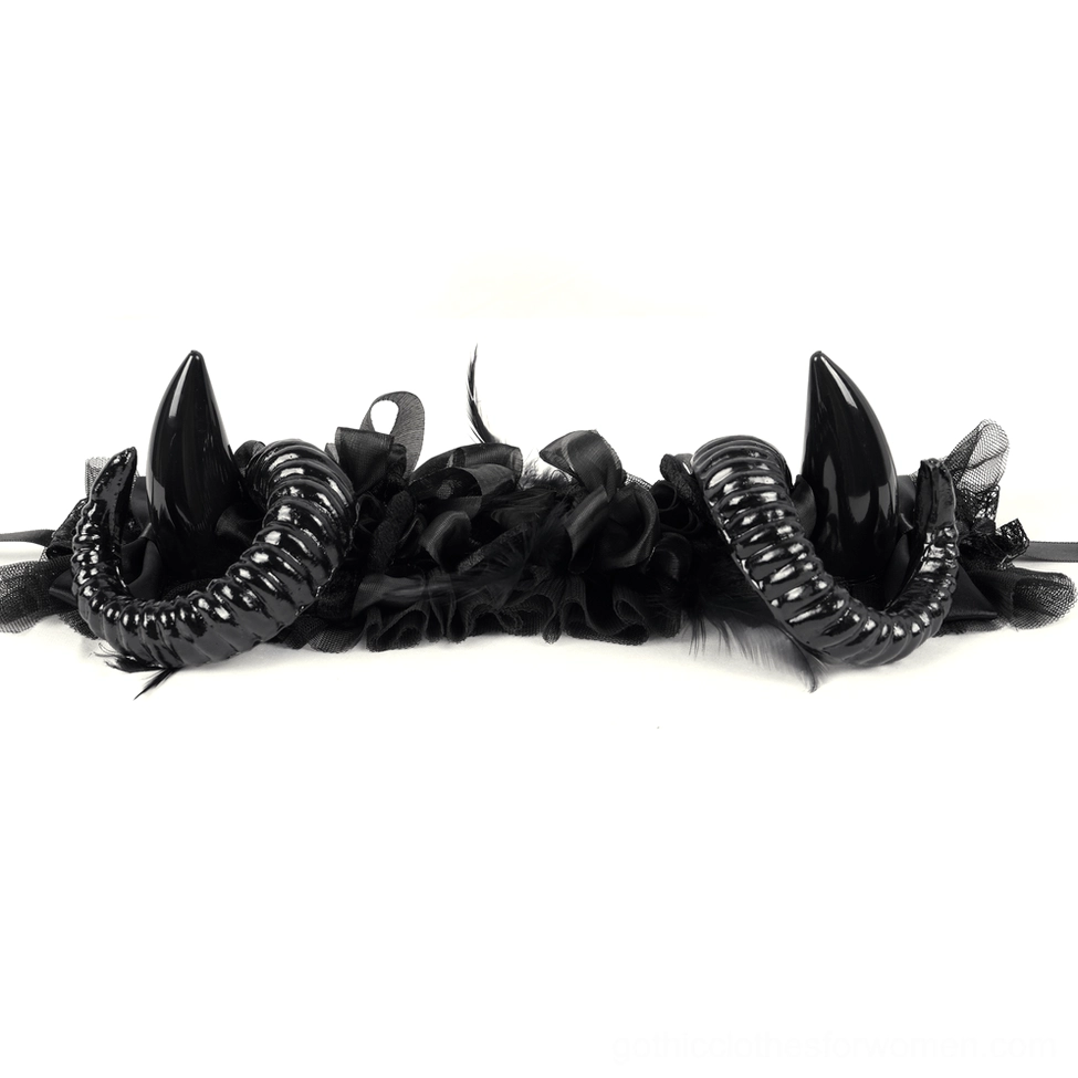 Gothic devil horn headband components flat lay featuring pointed devil horns and ruffled flower decoration details