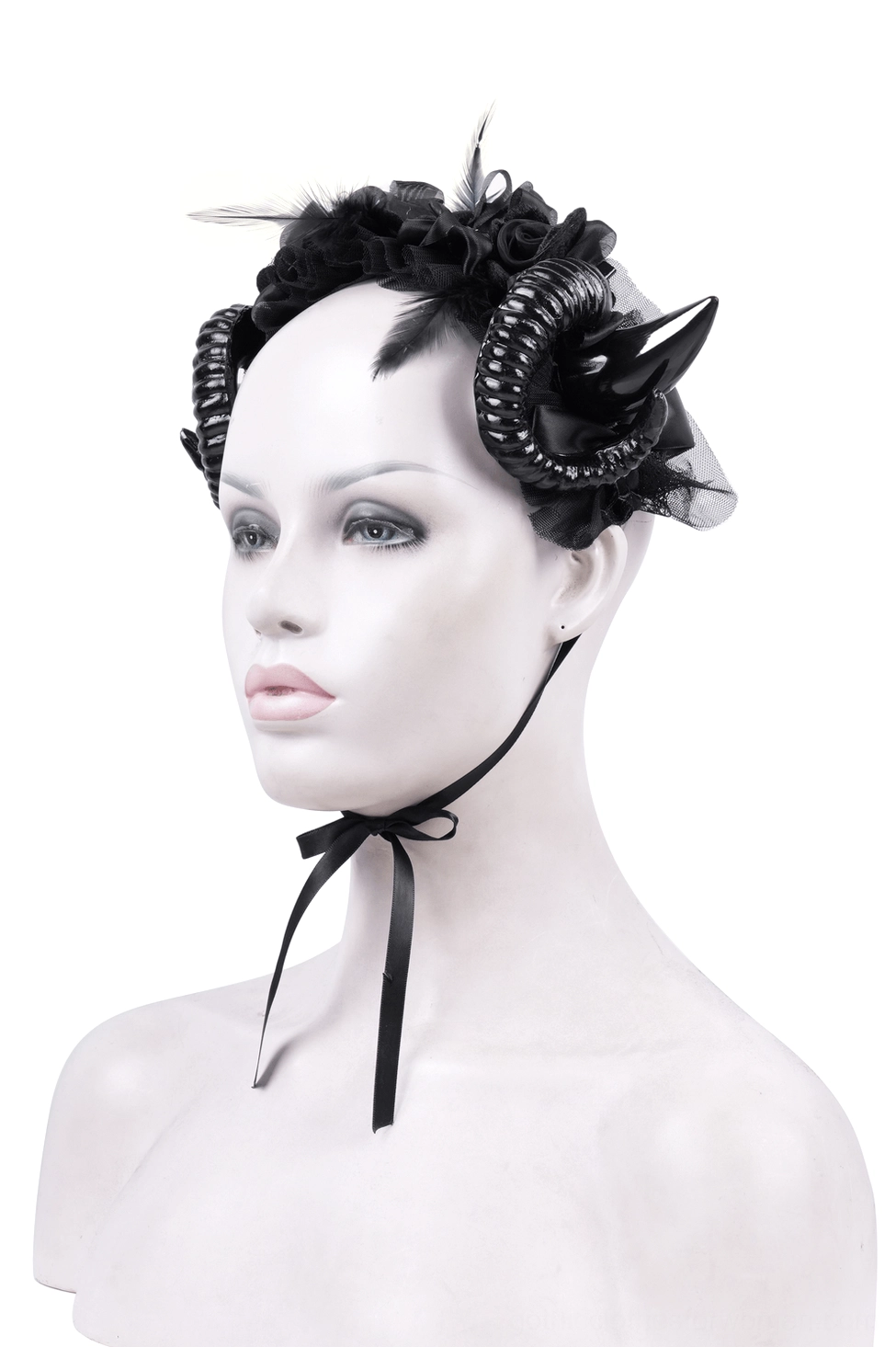 Devil horn headpiece with black ribbon chin strap and dramatic spiral horns on mannequin, left three-quarter angle
