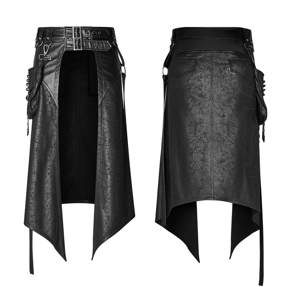 Black faux leather half kilt skirt front and rear flat lay - showing asymmetrical high-low design and attached utility side pocket