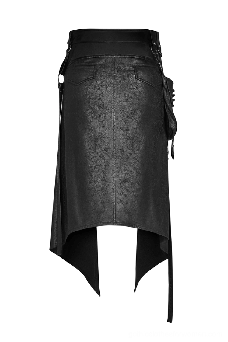 Black dieselpunk half kilt rear flat lay - displaying high-low asymmetric hemline, back waistband, and attached utility pouch