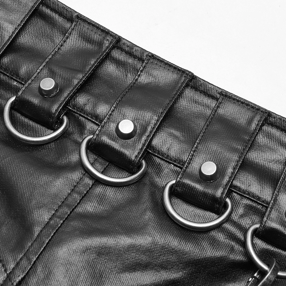Cracked leather strap and metal D-ring close-up - featuring snap fasteners and textured faux leather construction