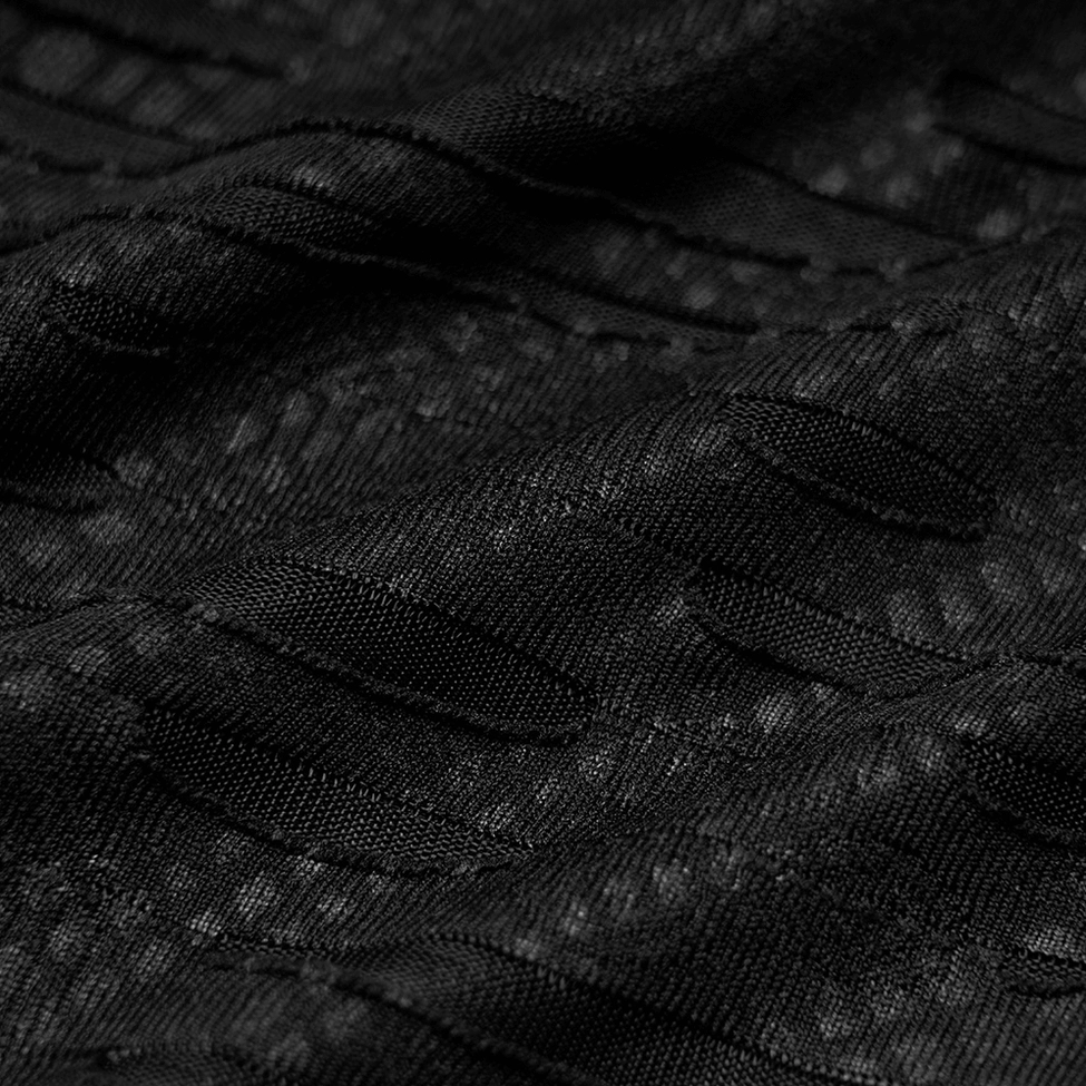 Draped fabric detail of stretchy ripped mesh with layered slit construction and soft matte texture