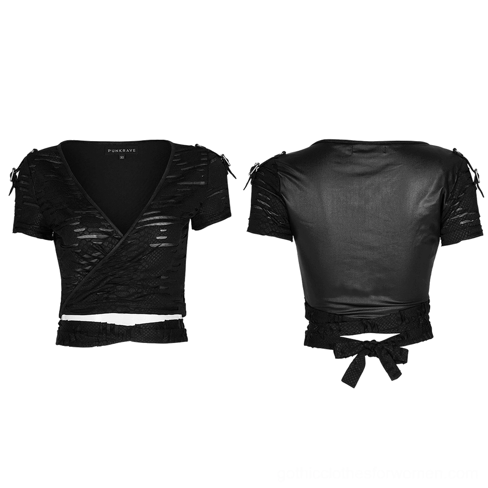 Flat lay front and back of distressed v-neck crop top showing ripped mesh fabric and faux leather construction