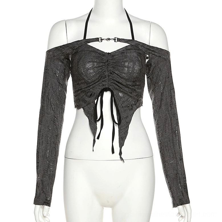 Gray off-shoulder halter crop top with chest metal buckle detail on white display mannequin, front view - gothic crop top with distressed knit fabric