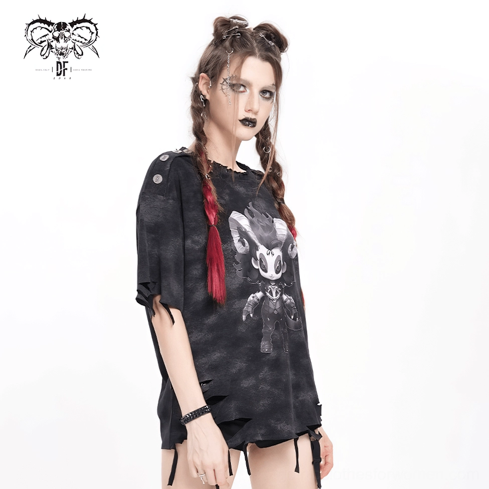 Distressed demon graphic gothic t-shirt full look showcasing loose oversized cut and punk-rock aesthetic