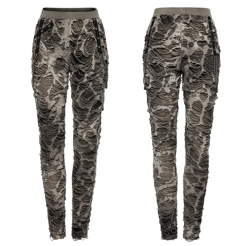 Distressed khaki gothic skinny trousers flat lay front display showing ripped knit fabric and chain attachments