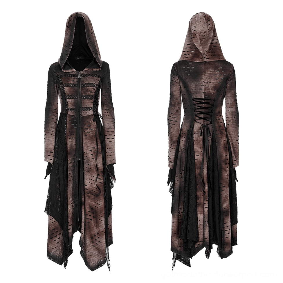 Distressed gothic hooded coat front full product shot showing irregular asymmetric hemline, front zip closure, and metal rivet details