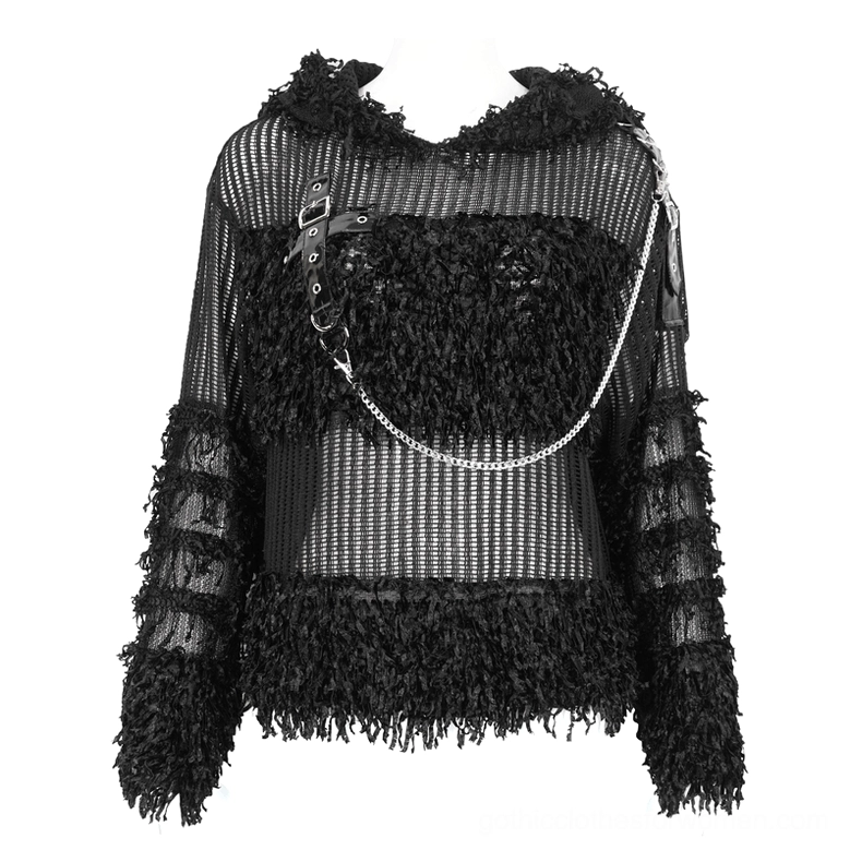 Black gothic distressed sheer hoodie front straight view on mannequin with clear buckled shoulder strap and full detachable chain visible