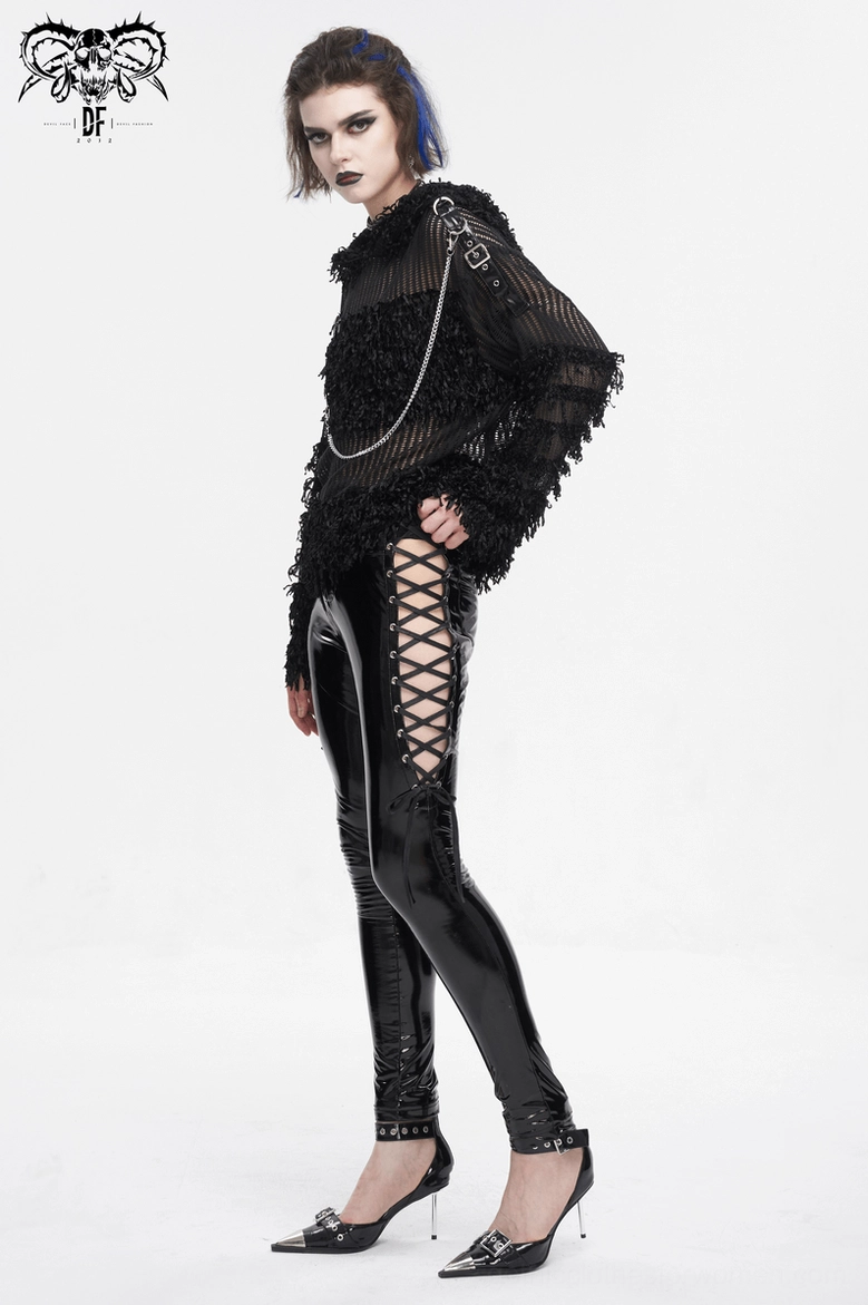 Black gothic distressed sheer hoodie detail view showing synthetic leather accents, hardware, and sheer fabric construction quality
