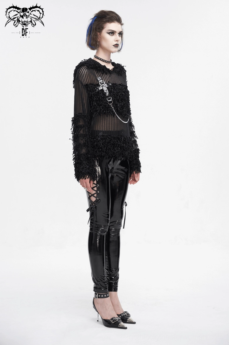 Black gothic distressed sheer hoodie full-length detail view emphasizing distressed construction and alternative fashion aesthetic