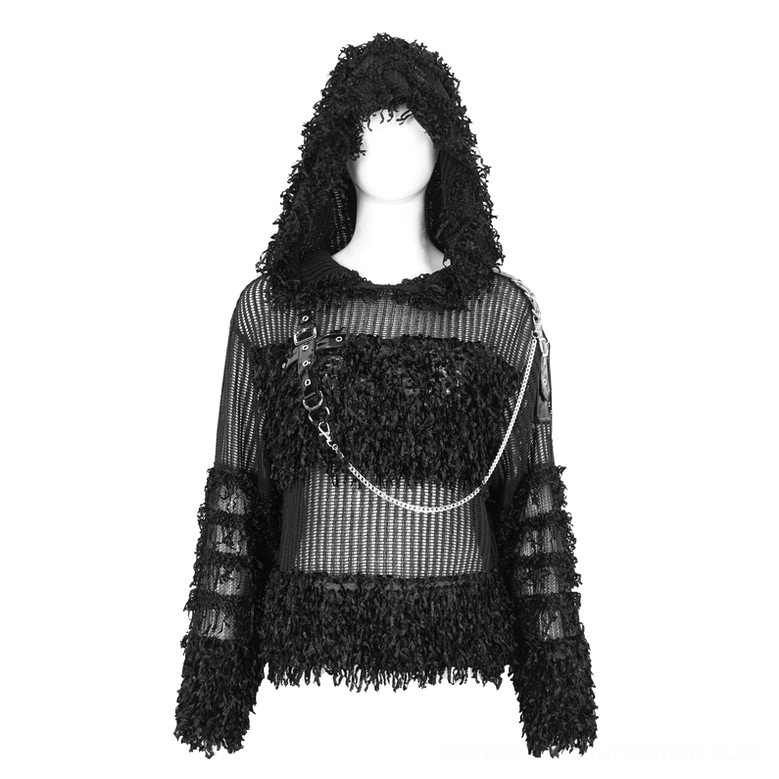 Black distressed sheer gothic hoodie on fashion mannequin, right front angle showing detachable metal chain and fuzzy hood construction