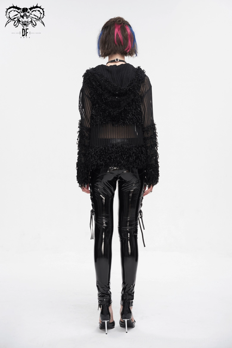 Black distressed sheer gothic hoodie rear view on female model with split-dye hair showing hooded design and punk pants styling