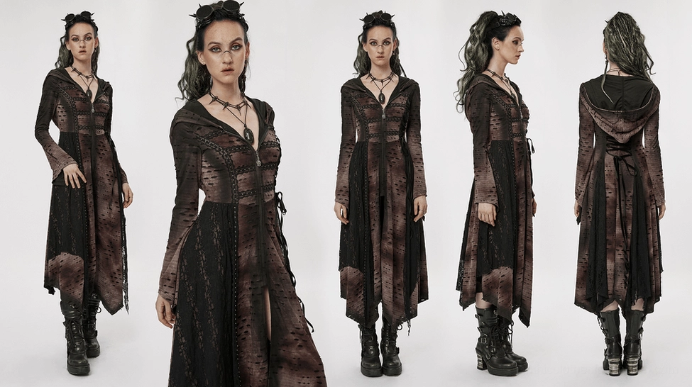 Distressed gothic long coat full view showing hood, asymmetric jagged hemline, metal rivets, and corset-style back lacing design
