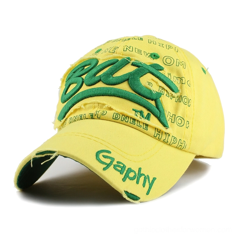 Yellow base distressed gothic snapback with green 3D embroidery and alternative aesthetic