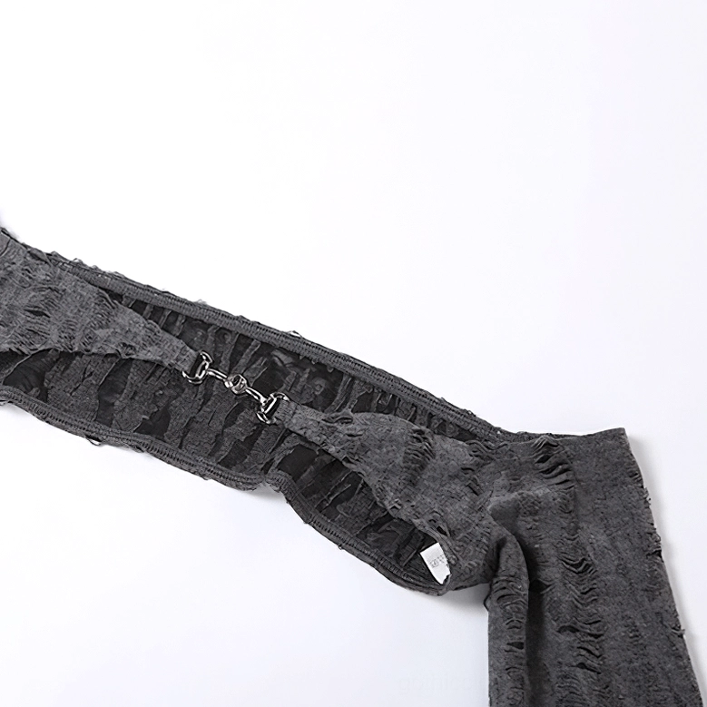 Detail shot of gray distressed halter crop top construction with metal buckle and ruched front - gothic edgy design focus