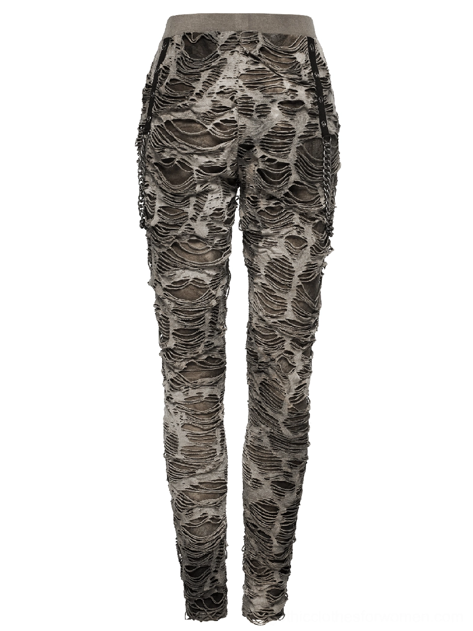 Distressed khaki gothic chain trousers rear full display showing high elastic waistband and tapered legs