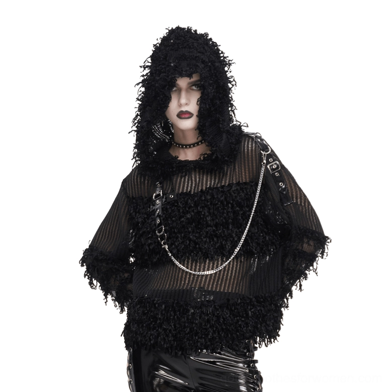 Black distressed sheer gothic hoodie with detachable metal chain worn by female model, front three-quarter view showing fuzzy frayed trim details