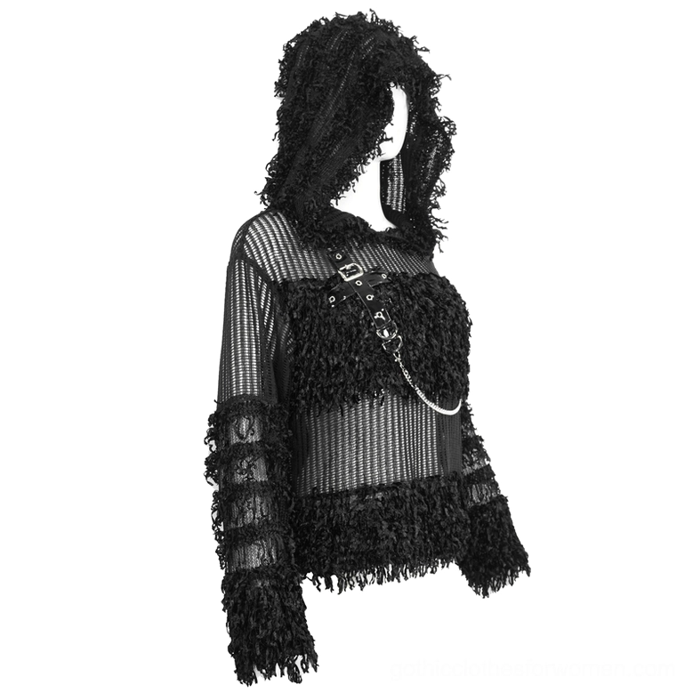 Black distressed sheer gothic hoodie right three-quarter view on mannequin showing fuzzy frayed front panel and sheer mesh sleeves