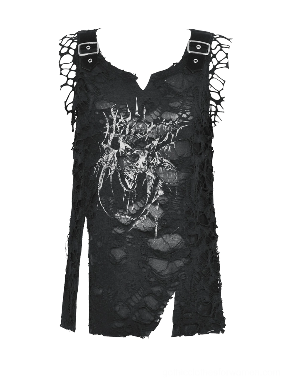 Black skull graphic tank top styled with combat boots and lace-up fishnet stockings