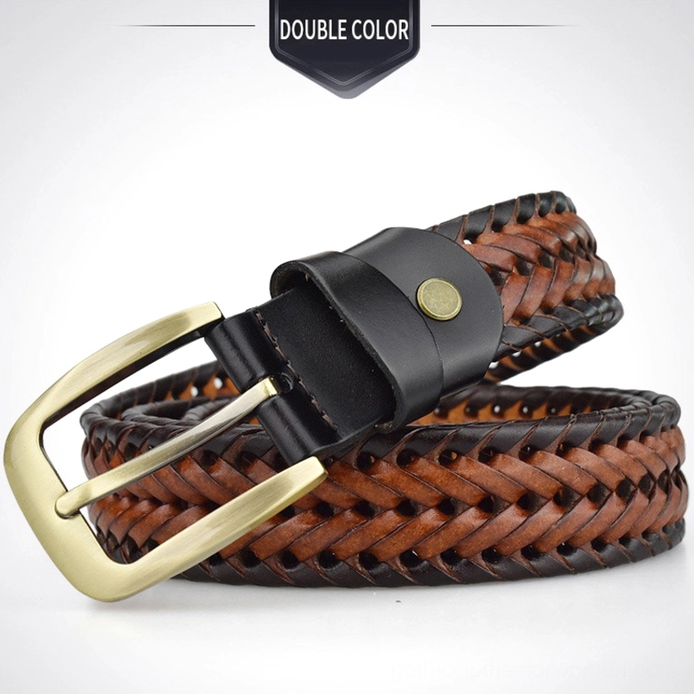 Double color braided gothic leather belt with two-tone brown and black weave pattern, oblique angle showing buckle design