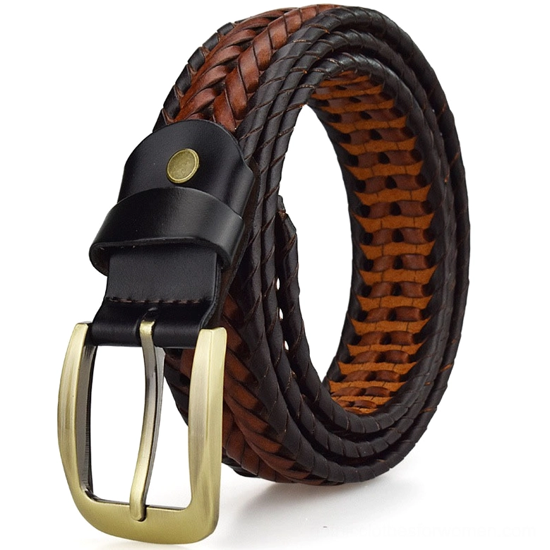 Double color hand-braided gothic leather belt with contrasting brown and black weave, flat product photography