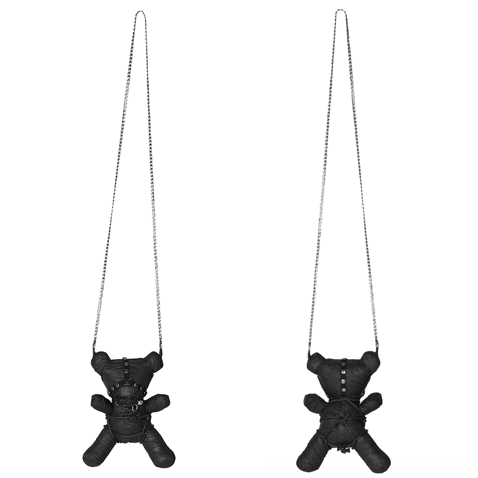 Twin black gothic teddy bear pendant necklaces with silver chains - hanging flat display