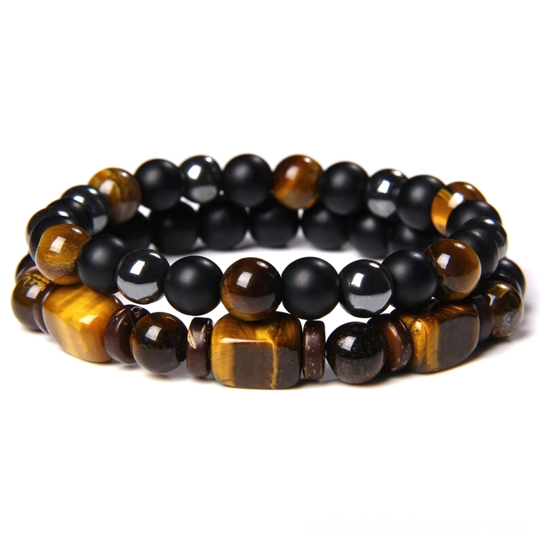 Double-layered black bead and tiger eye stone gothic bracelet, round 8mm beads, elastic unisex charm bracelet design