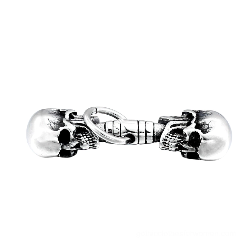 Double skull pendant detail with D-ring fastener, gothic memento mori stainless steel jewelry