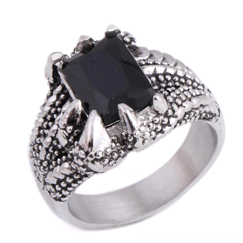 Dragon claw black onyx gothic ring stainless steel prong setting oblique view