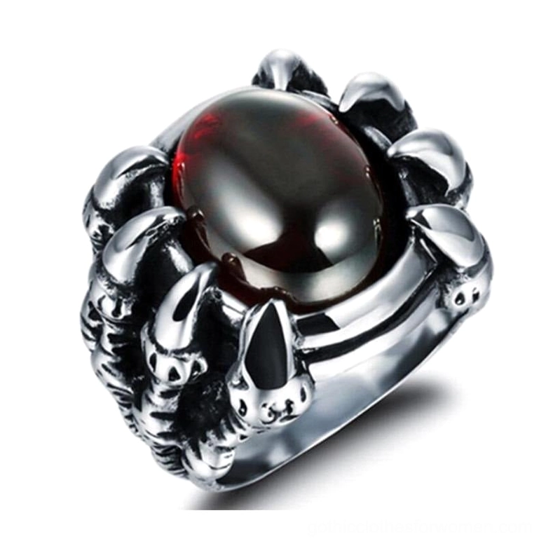Dragon claw gothic ring with red cubic zirconia stone, silver stainless steel, front 3/4 view showing tension claw setting