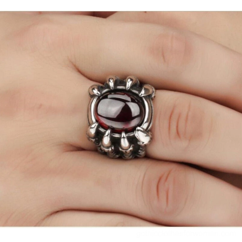 Dragon claw gothic ring worn on finger, real fit demonstration, wine red CZ stone on hand model