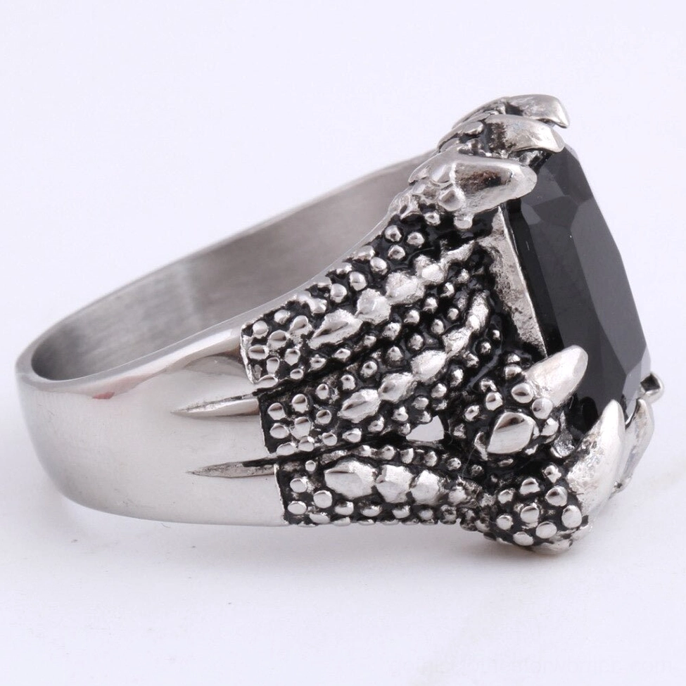 Dragon claw ring right side view gem and textured band detail gothic jewelry