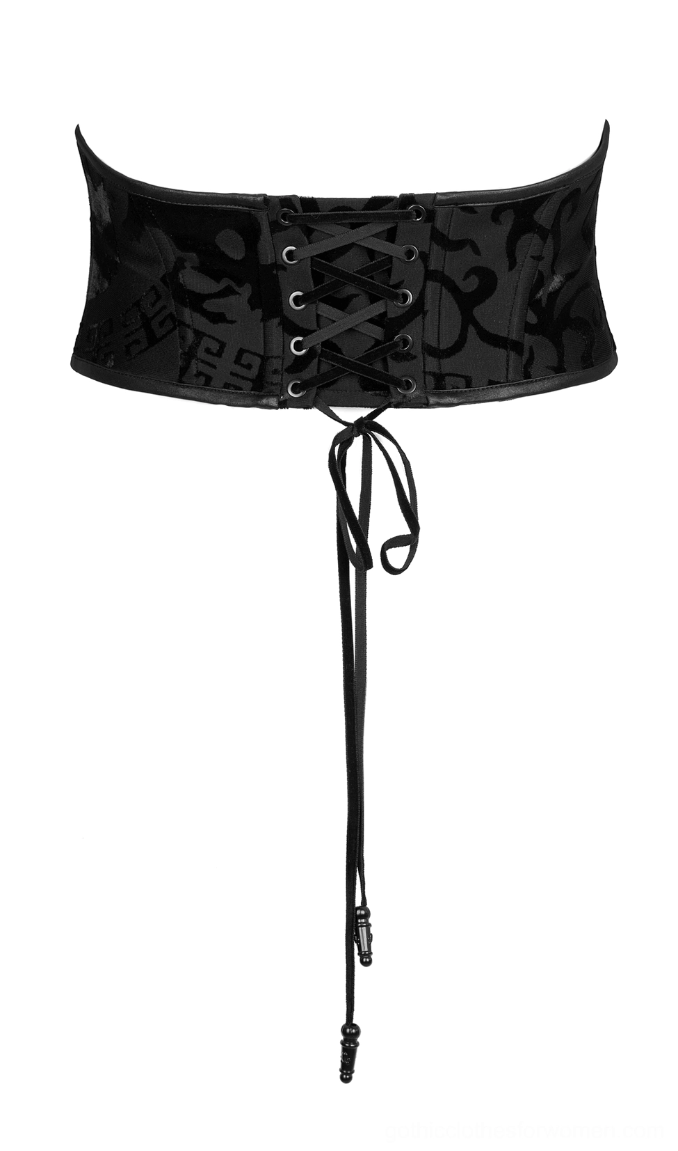 Dragon corset belt back flat lay view, highlighting lace-up eyelet closure system and curved waist construction