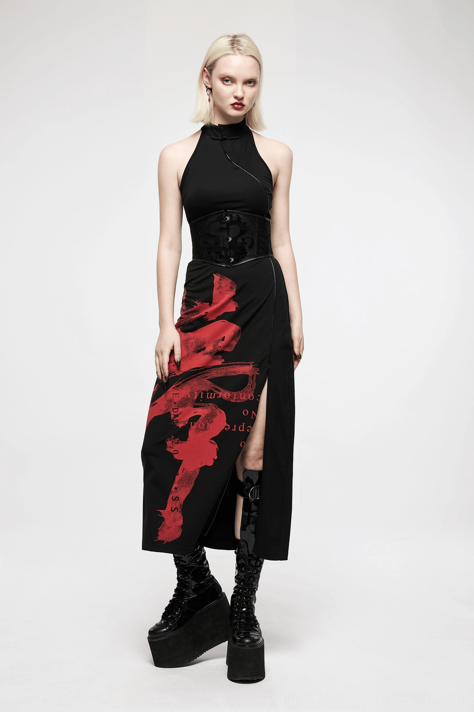 Alternative angle of dragon corset belt showing the seamless integration of velvet dragon motif across the black fabric base