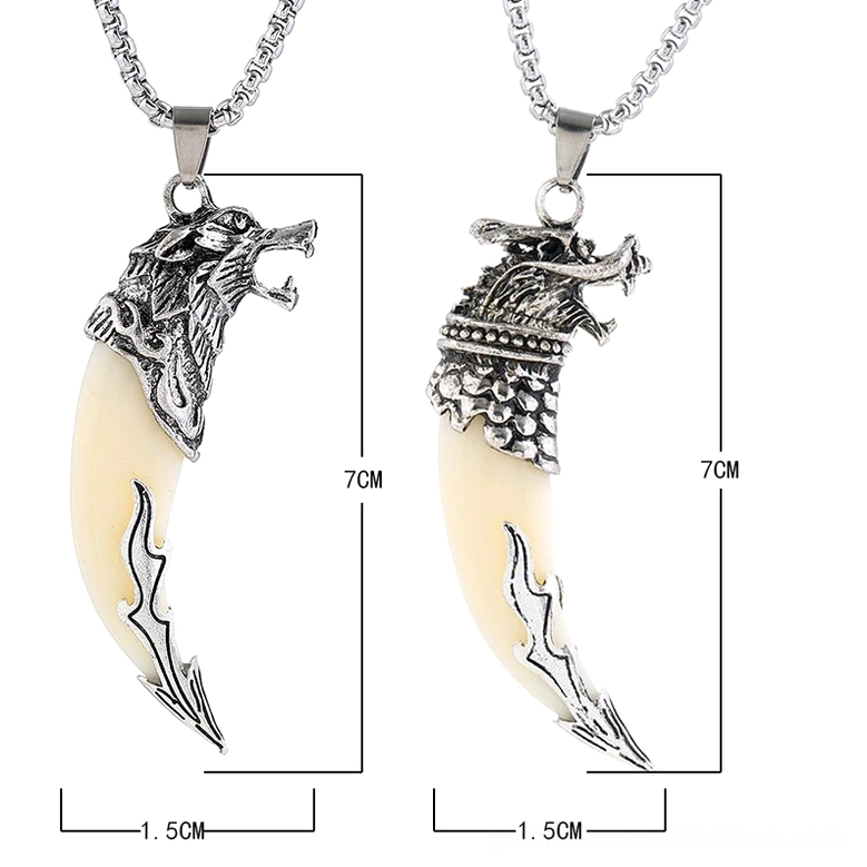 Dragon head wolf tooth pendant front view with engraved flame pattern - antique silver gothic jewelry detail
