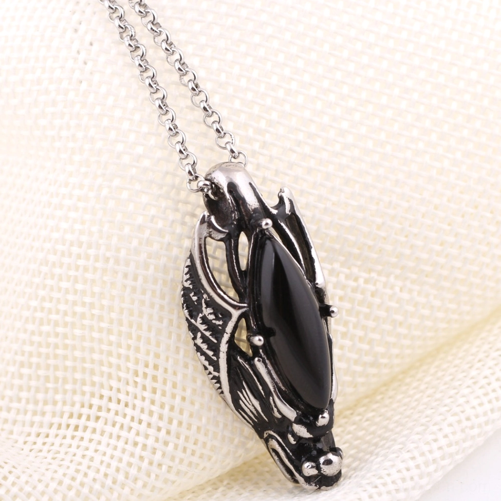 Dragon head stainless steel gothic pendant necklace, alternative angle view with professional studio shadow