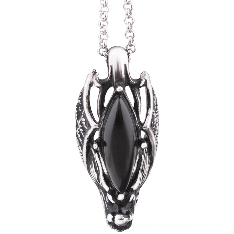 Dragon head stainless steel gothic pendant featuring solid black inlaid stone, front overhead close-up