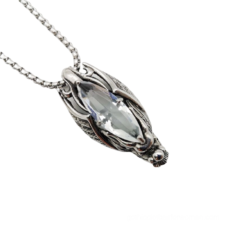Silver marquise stone dragon head gothic pendant necklace, stainless steel side profile view
