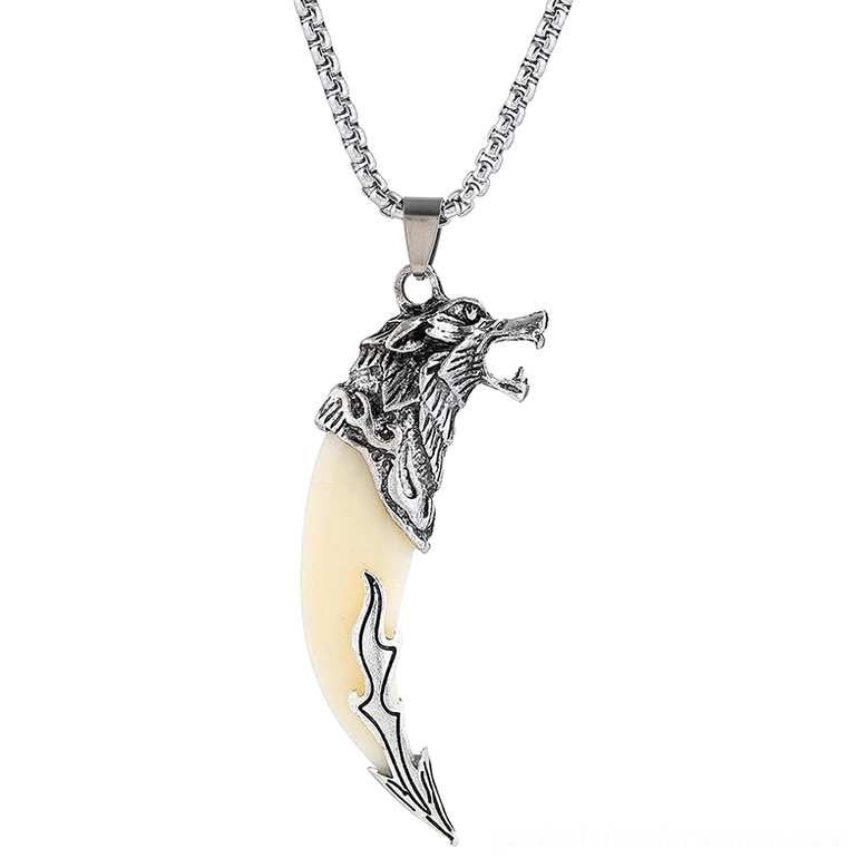 Dragon head wolf tooth gothic pendant - side profile view showing intricate dragon ornament with flame etch pattern