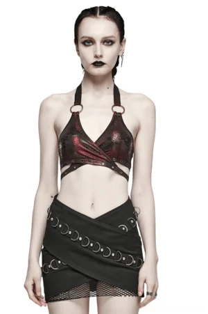 Gothic wine red dragon print halter crop top with metal o-ring hardware on alt model, front full body view
