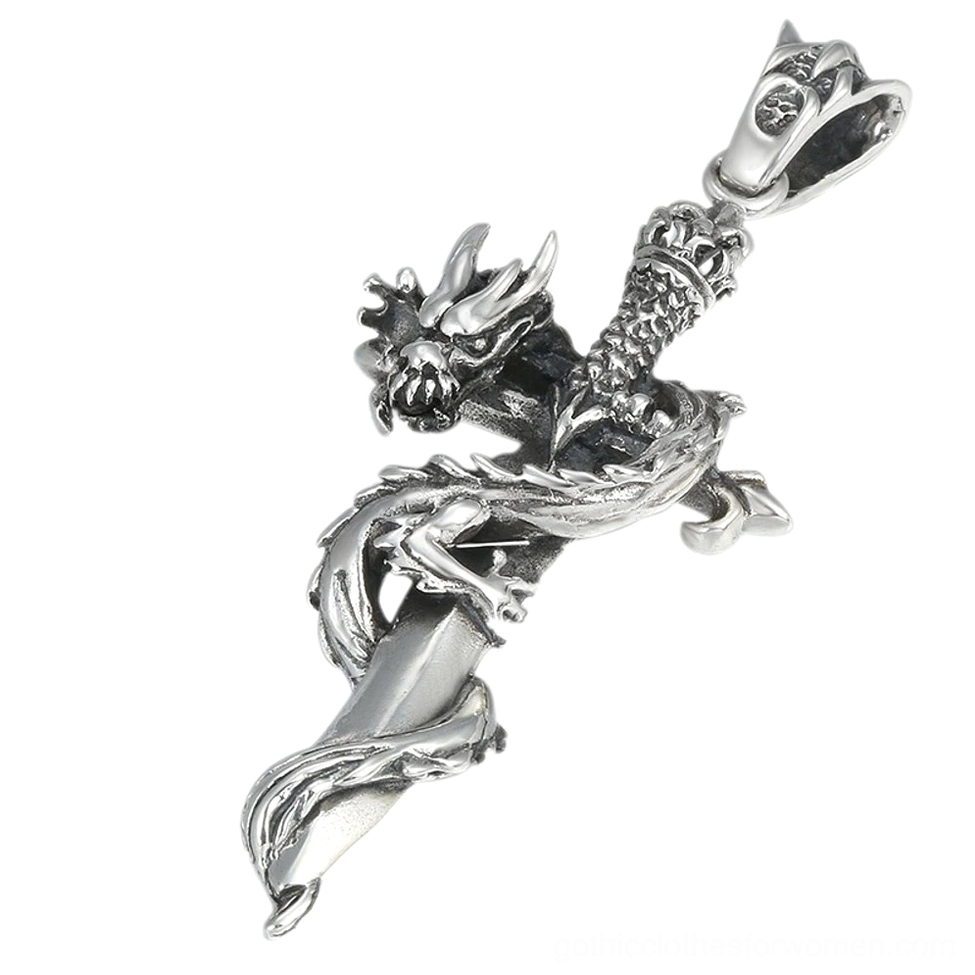 Sterling silver dragon sword gothic pendant - top oblique view showing intricate 3D dragon design wrapped around ornate medieval sword